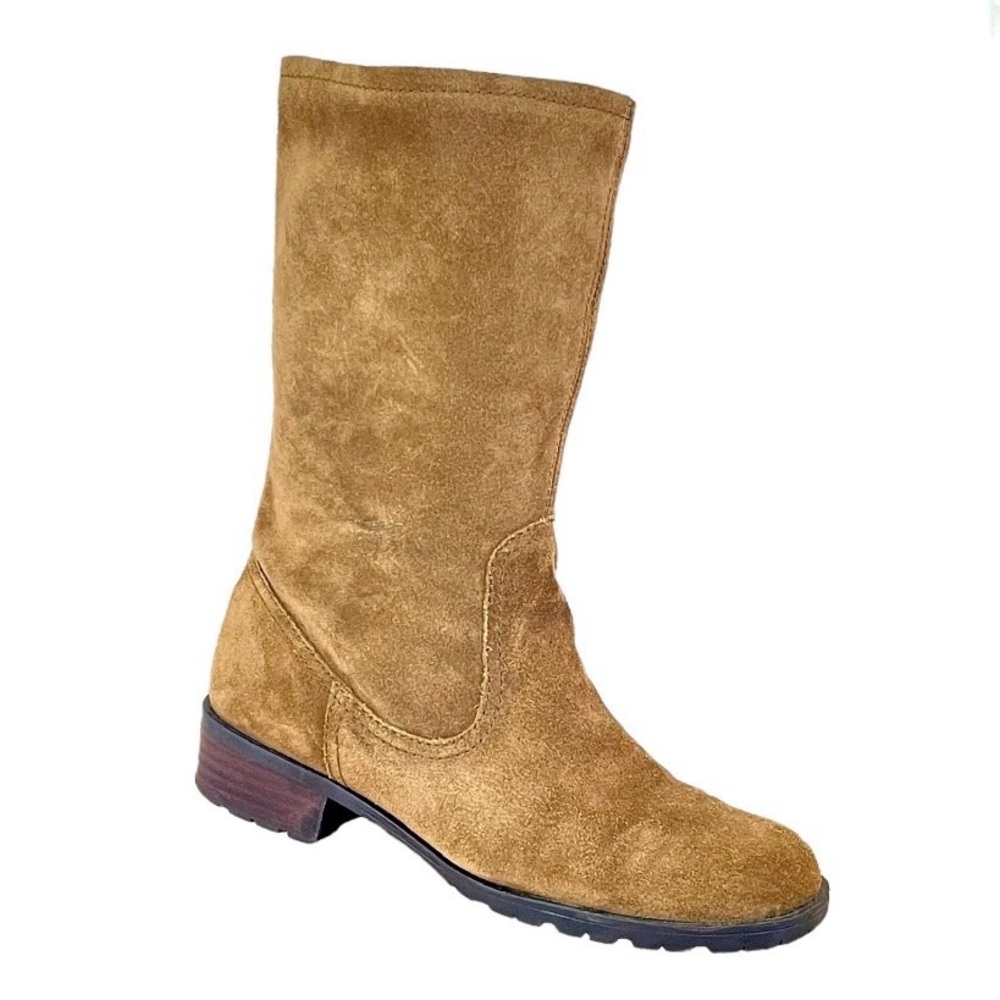 100% Genuine Suede Leather unlined spring mid calf boots sz 7.5 tan olive khaki